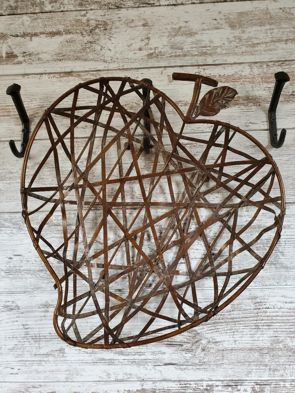 Vintage Apple Shaped Metal Wire Basket Copper Patina Farmhouse Decor Centerpiece